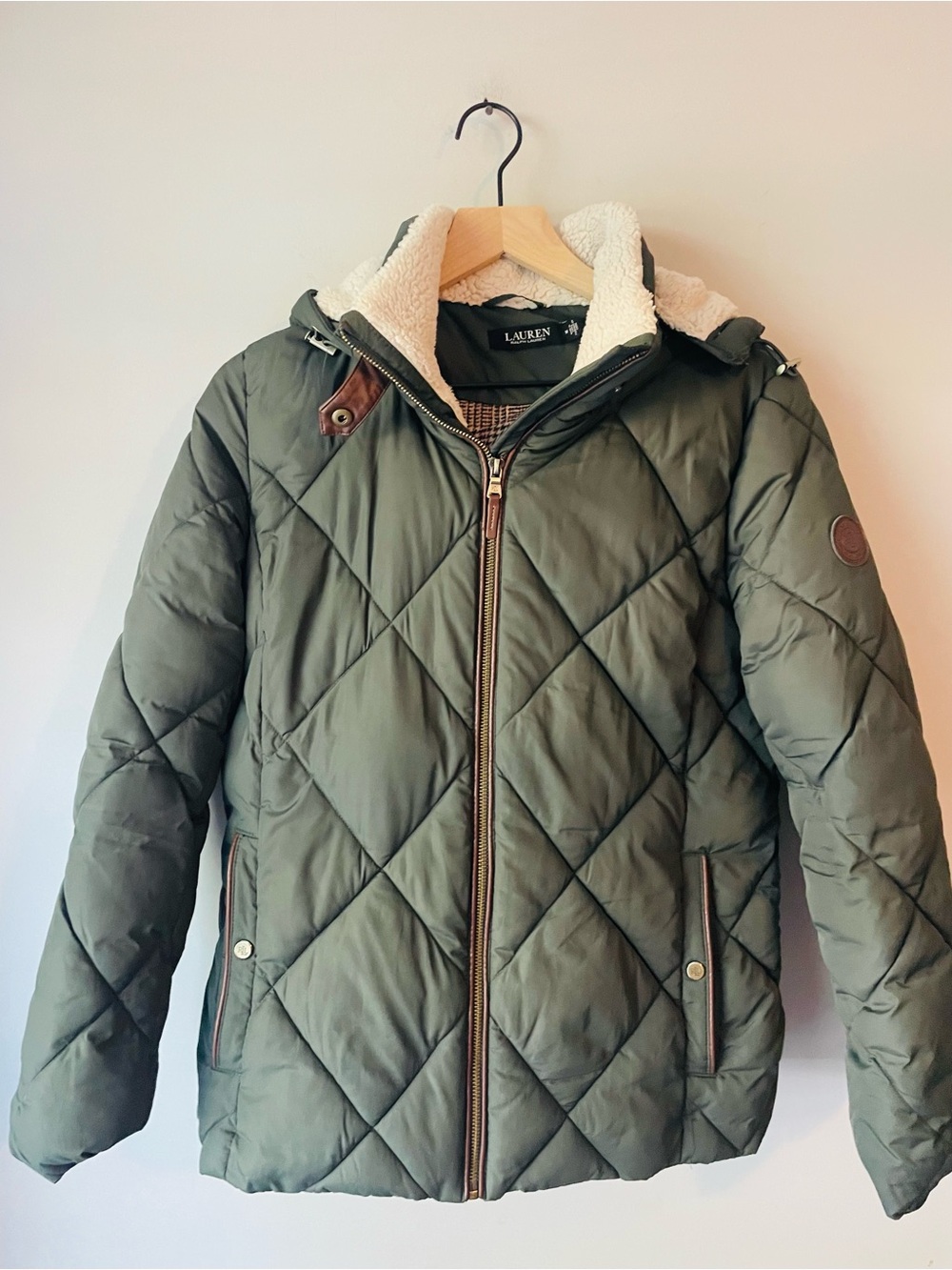 Lauren Ralph Lauren Olive Quilted Puffer Jacket with Cream Sherpa Hood